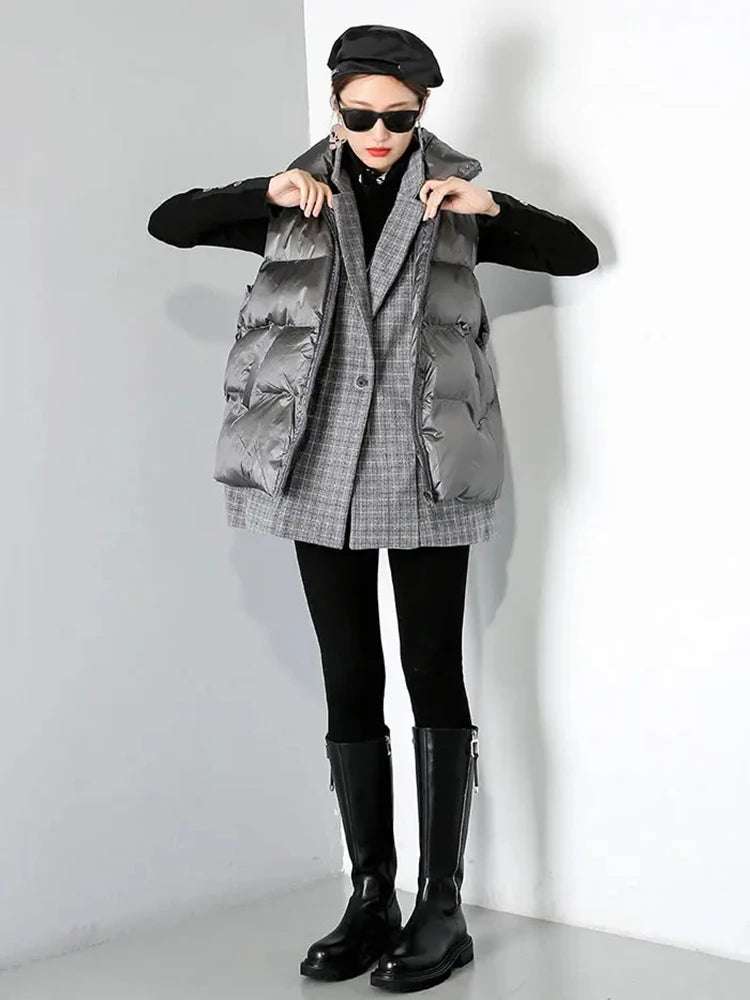 XITAO Splicing False Two Pieces Vest Thicken Keep Warm Women Winter New Double Layer Turn Down Collar Street Fashion ZY2409