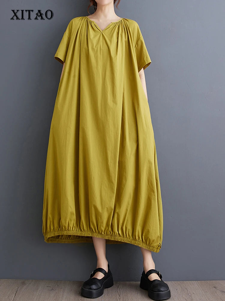 XITAO Pleated Solid Color Simplicity A-line Dress Loose V-neck Short Sleeve Fashion All-match Summer Women New Dress WLD20245