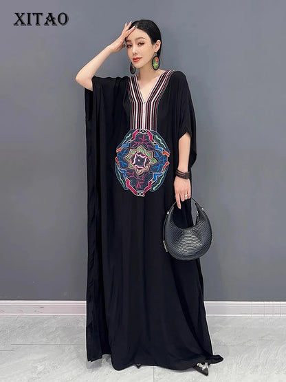 XITAO Embroidery Striped Batwing Sleeve Dresses V-neck Patchwork Loose Floor-length Fashion Dress Summer Casual New ZY8773