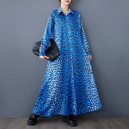 XITAO Leopard Print Single Breasted Shirt Dress Turn-down Collar Patchwork Long Sleeve Loose Ankle-Length Casual Dress GMM1255