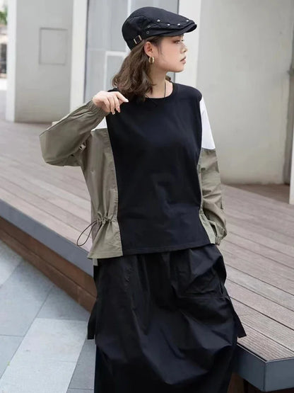 XITAO Loose Patchwork Female T-shirts Fashion Long Sleeve Contrast Color Women Autumn New Trend All-match O-neck Top HQQ2403