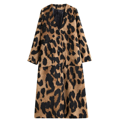 XITAO Leopard V-neck Single Breasted Blends Vintage Long Sleeve Wide Waist Mid-calf All Match Coat 2024 Autumn Fashion ZY8909