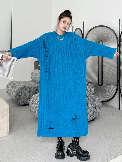 XITAO Full Sleeve Loose Hole Knitting Dress O-neck Casual Fashion Temperament 2024 Spring Women Street Trendy Dress LYD1105