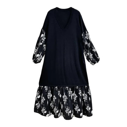 XITAO Knitted Pullover V-neck Women Dress Casual Loose Long Sleeve Patchwork Printing A-line Ankle Length Female Dress GYX1055