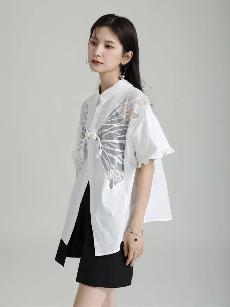 XITAO Solid Color Two Side Wear Shirt Hollow Out Perspective Butterfly Women Casual Shirt Fashion Turn Down Collar Top HJF4197