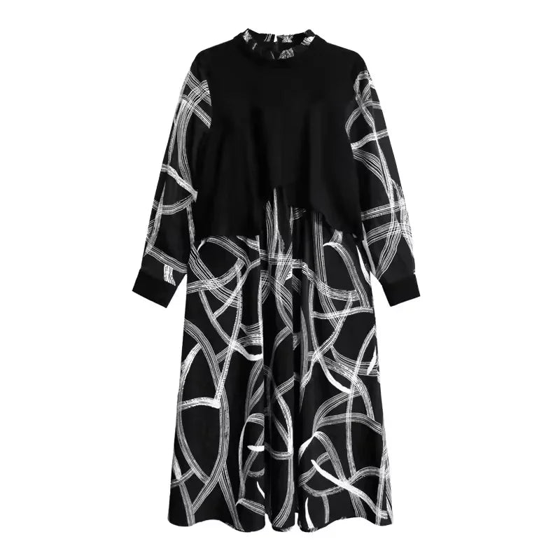 XITAO Print Patchwork Pullover Women Dress O-neck Long Sleeve Loose Slimming Casual Dresses 2024 Autumn New All Match LJ1094