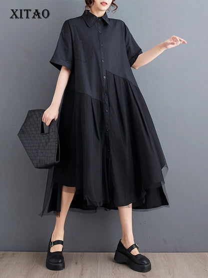 XITAO Irregular Shirt Dress Simplicity Casual Mesh Patchwork Asymmetrical Hem 2024 Summer New Turn-down Collar Dress LYD1908