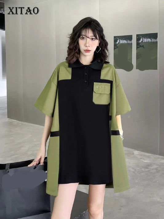 XITAO Contrast Color Loose Women Dress New Summer Personalized Fashion Loose Short Sleeve Turn-down Collar Dress HQQ0032