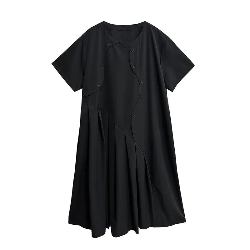 XITAO Asymmetrical Pleated Dress Loose Fashion Solid Color Splicing Short Sleeve Dress Summer Casual New Loose Women HQQ2310