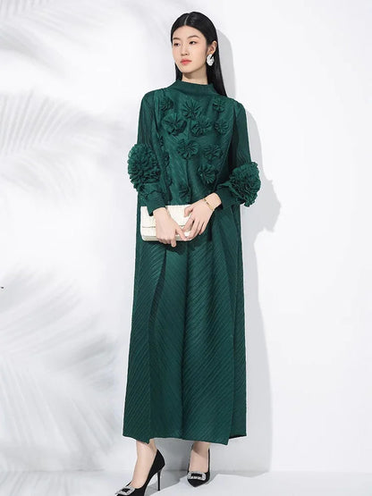 XITAO Pleated Puff Sleeve Flower Half High Collar Dress Full Sleeve Solid Color A-line Ankle-length Autumn Female Dress GMM1333