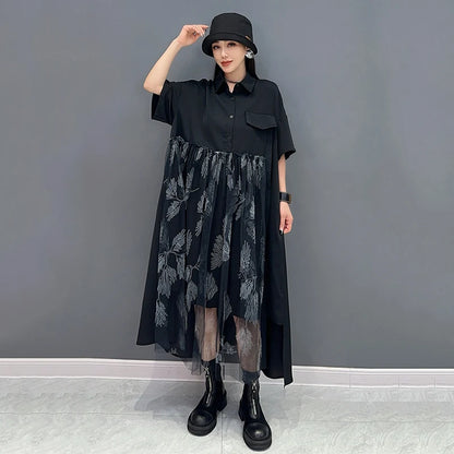 XITAO Asymmetrical Gauze Patchwork Black Shirt Dress Loose Fashion Short Sleeve Single Breasted Dress Summer New ZY8789