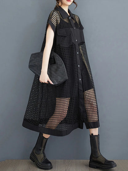 XITAO Mesh Hollowing Shirt Dress Loose Fashion Loose Turn-down Collar Single Breasted Dress 2024 Summer New Women HQQ2336