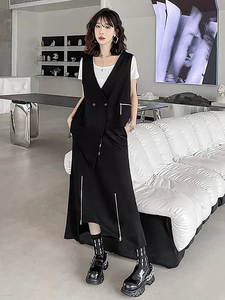 XITAO Asymmetrical Women Sets Fashion Black Zipper Splicing Skirt Sleeveless Vest Two Piece Sets 2024 Summer New HJH62271