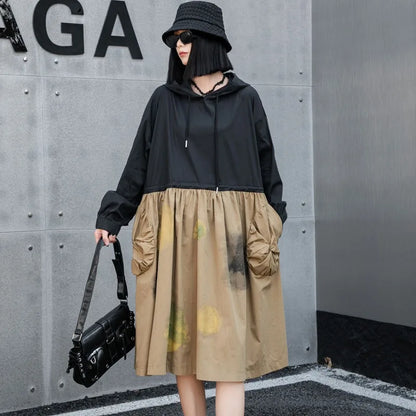 XITAO Loose Fashion Patchwork Female Dress Pullover Hooded Casual Pocket Fold Drawstring Waist Women Mid-calf Dress GYX1083