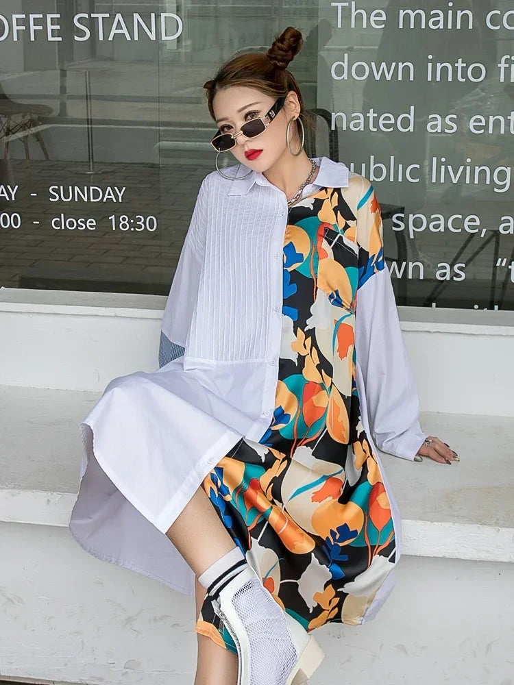 XITAO Tide Irregular Shirt Dress Print Pattern Women Clothes Spring New Fashion Turn Down Collar Long Sleeve Dresses ZY5940