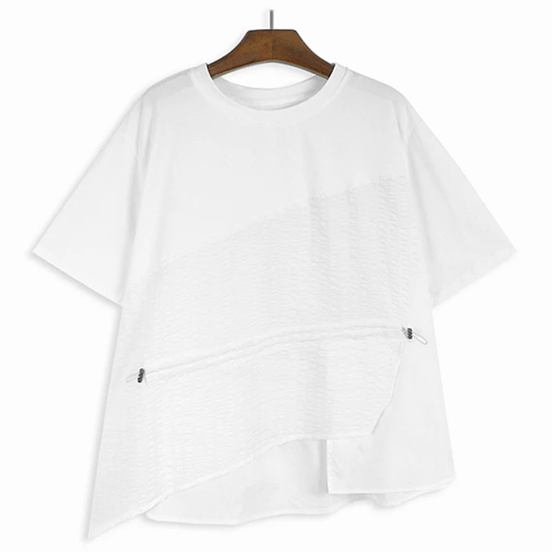 XITAO O-neck Patchwork Irregular T-shirt Short Sleeve Solid Color Simplicity Drawstring Casual Loose All-match T-shirt GJ1009