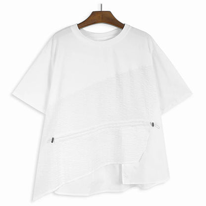 XITAO O-neck Patchwork Irregular T-shirt Short Sleeve Solid Color Simplicity Drawstring Casual Loose All-match T-shirt GJ1009