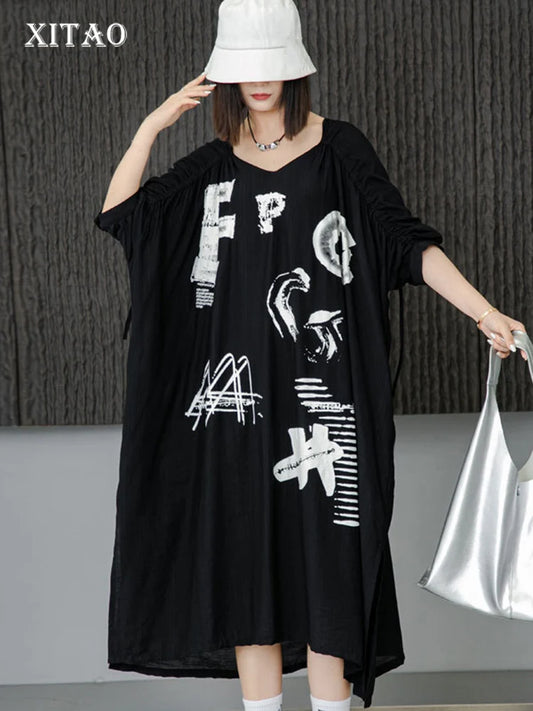 XITAO Bat Wing Sleeve Dress Irregular Draw String Folds Half Sleeve T-shirt Dress Fashion Contrast Color Letter Print WLD20163