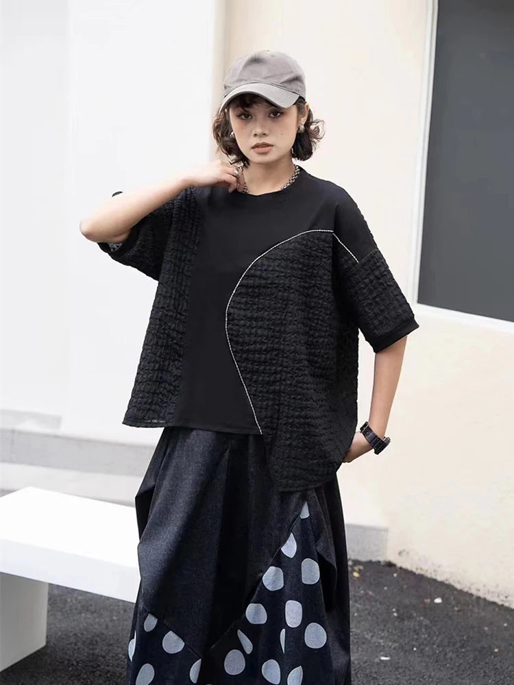 XITAO Irregular Splicing T-shirt Solid Color O-neck Short Sleeved Pullover Simplicity Summer Fashion Women New Top LYD1793