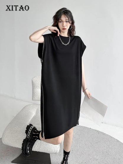 XITAO Black Casual T-shirt Dress Personality Loose Zipper Splicing Bat Wing Sleeve Summer New Street Trendy Women Dress WLD11291