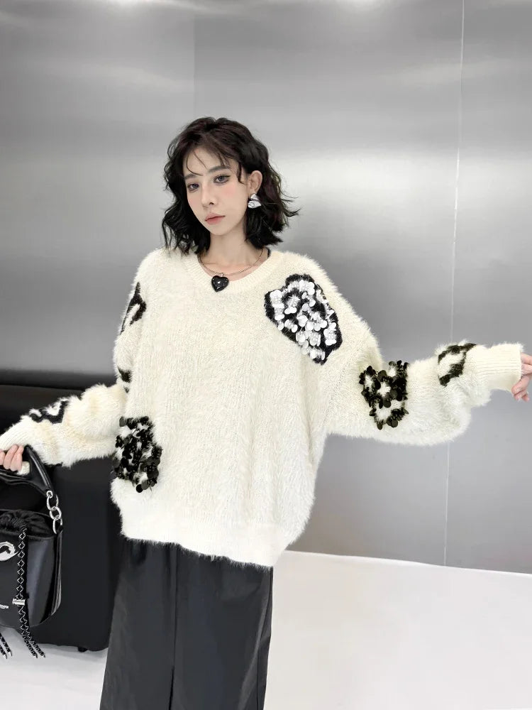 XITAO Autumn New Flower Solid Sweater Elegant Loose Full Sleeve Pullover Sequined O-neck Temperament Women Sweater ZYY1021