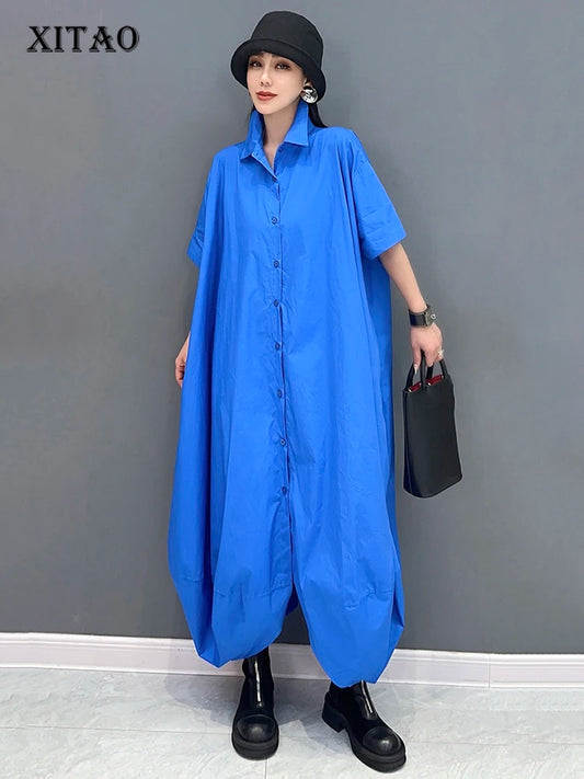 XITAO Loose Asymmetric Shirt Dress Casual Solid Color Single Breasted Women Summer New Simplicity Irregular Dress ZY8753