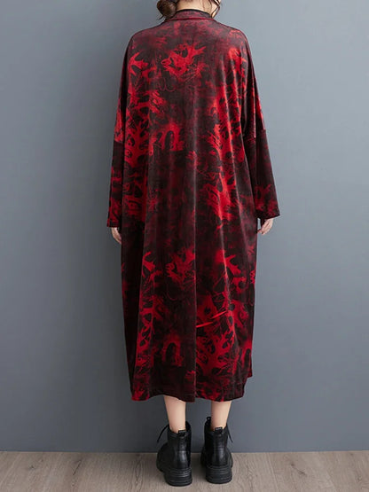 XITAO Velvet Printing Dress Stand Collar Coil Buckle Long Sleeve Vintage Literary Artistic National Style Dress New DMJ3415