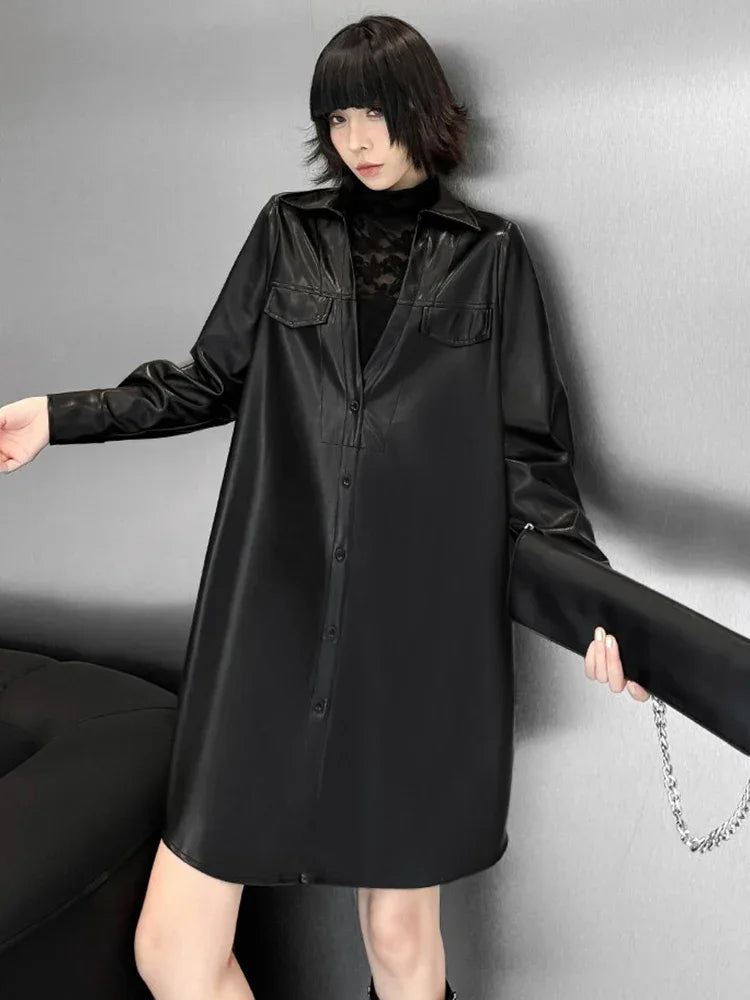 XITAO Straight Loose Casual Female PU Dress Solid Color Black Personality Fashion Autumn Turn Down Collar Women Dress GMM1136