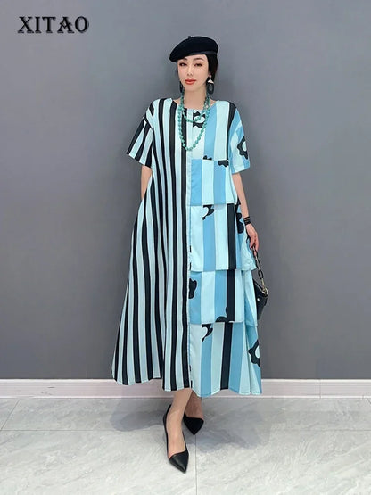 XITAO Asymmetrical Striped Print Dress Loose Fashion Contrast Color Loose Simplicity O-neck Pullover T-shirt Dress ZY8453