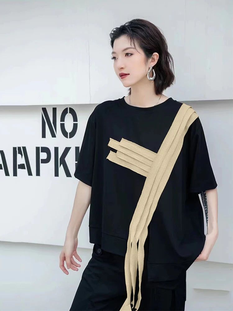 XITAO Asymmetrical Patchwork T-shirts Solid Color Short Sleeve O-neck Pullover Loose Casual Tops 2024 Summer Slimming GJ1031