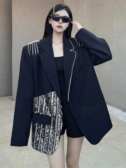 XITAO Fashion Solid Color Casual Single Button Coat Loose Fit Full Sleeve Sequined Black Series Autumn Female Blazer ZYY1048