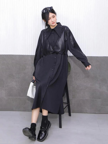 XITAO Pu Patchwork Single Breasted Dress Turn-down Collar Long Sleeve Loose Slimming A-line Mid-calf Temperament Dress ZY8930