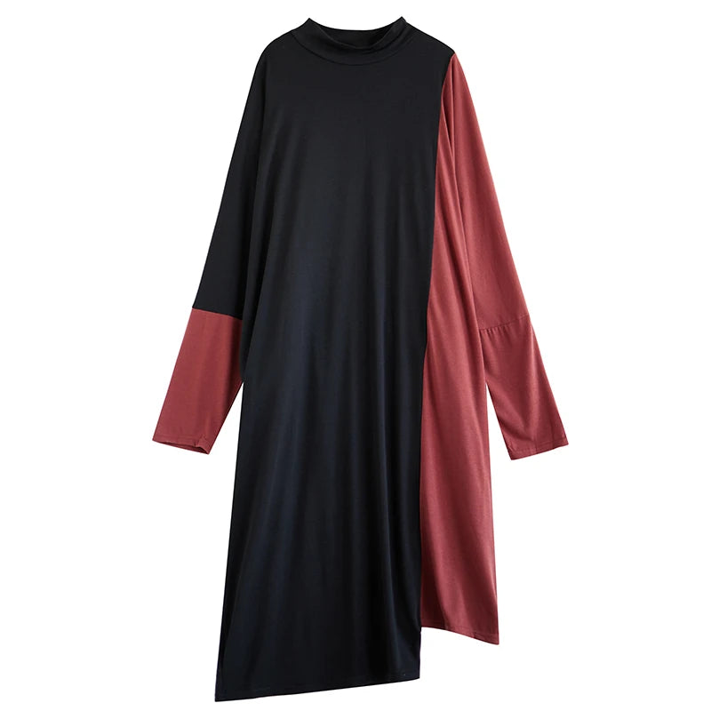 XITAO Casual Patchwork Contrast Color Batwing Sleeve Dress Half High Collar A-line Autumn 2024 New Arrival Women Dress ZYY1055