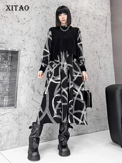 XITAO Contrast Color Print Pullover Dress O-neck Long Sleeve Loose Fashion Personality Slimming Dresses 2024 Autumn New LJ1051