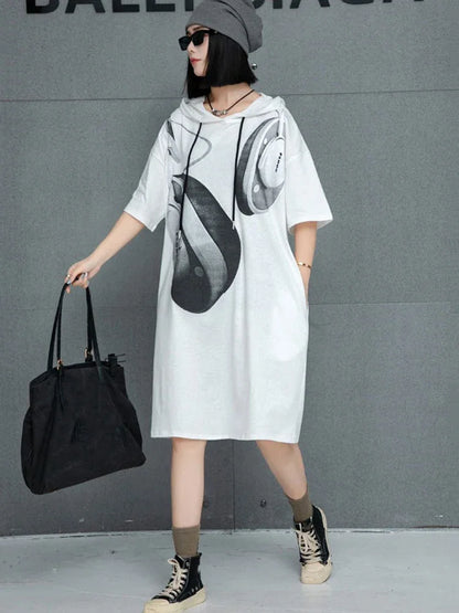 XITAO Print Hooded Pocket Contrast Color Dress Short Sleeve Patchwork Loose Slimming Knee-Length Casual All Match Dress GMM1191