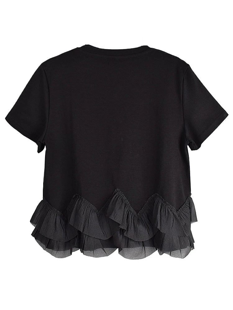 XITAO Loose Ruffles Patchwork O-neck T-shirts Fashion Irregular Short Sleeve Women Summer New Simplicity All-match Top GJ1024