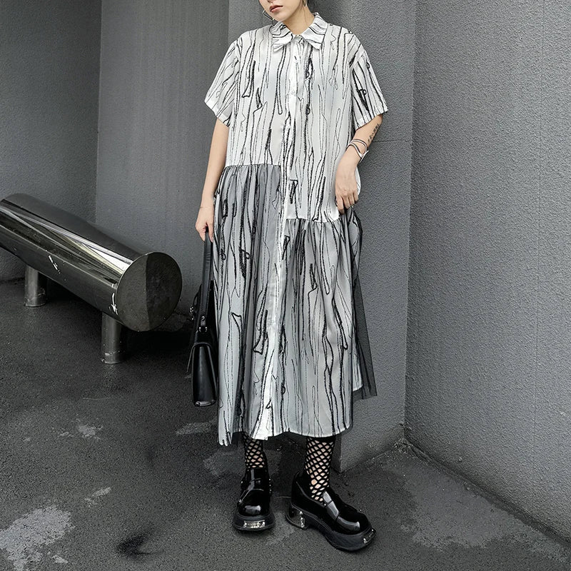 XITAO Asymmetrical Gauze Splicing Shirt Dress Fashion Striped Sprint Women Shirt Sleeve Loose Turn-down Collar Dress WLD20197