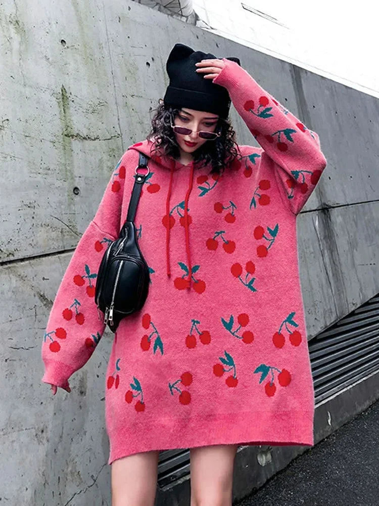 XITAO Lovely Cherry Pattern Sweater Fashion Pullover Women Style Hooded Knitwear Spring Autumn Clothes Women XJ2476