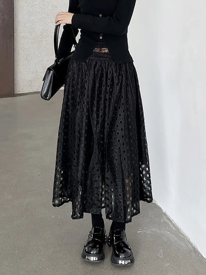 XITAO A-line Loose Solid Color Mid-calf Female Skirt Casual Hollow Out Lace Fashion Grace New Autumn Women Skirt GMM1103