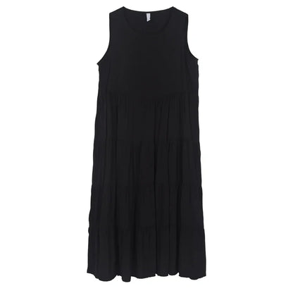 XITAO Sleeveless Loose Solid Color Pleated O-neck Dress Casual Fashion Women 2024 Summer New Pullover Simplicity Dress DMJ1898