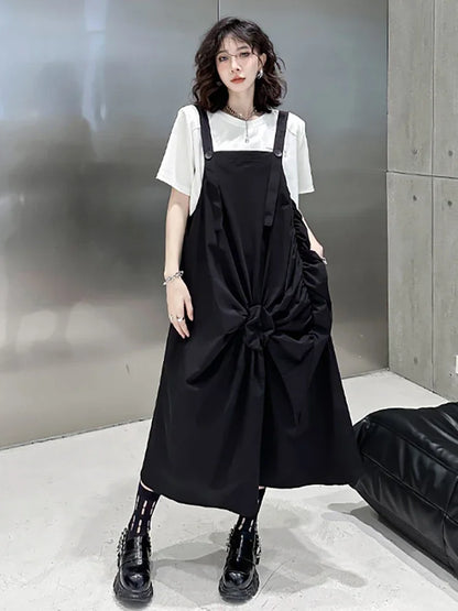 XITAO Black Folds Female Straps Dress Loose Fashion Simplicity Temperament Sleeveless Women Dress Summer New Slip Dress DMJ1452