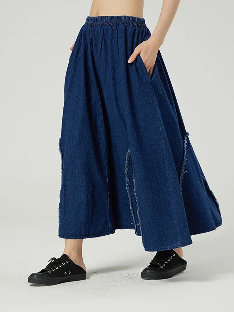 XITAO Vintage Denim Skirt Fashion New Pocket Elastic Waist Spring Summer Pleated Small Fresh Irregular Patchwork Skirt GWJ0153