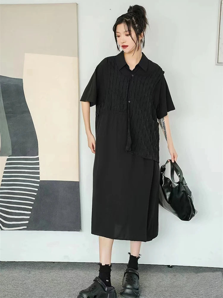 XITAO Turn-down Collar Patchwork Dress Solid Color Short Sleeve Pullover Loose Slimming Dress 2024 Summer New All Match WLD20146