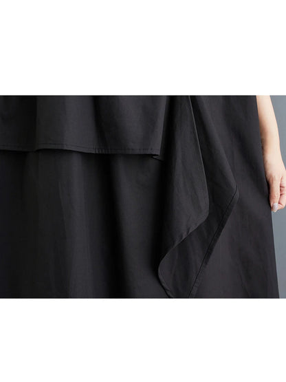 XITAO Flounced Edge Patchwork V-neck Dress Solid Color Short Sleeve Single Breasted Pullover Loose Dress 2024 Summer New ZY8812