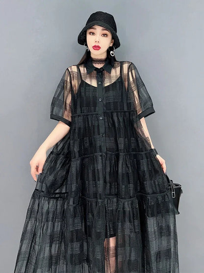 XITAO Solid Pleated Dress Women Korea 2024 Summer New Personality Fashion Loose Turn-down Collar Short Sleeve Dress  WLD7063