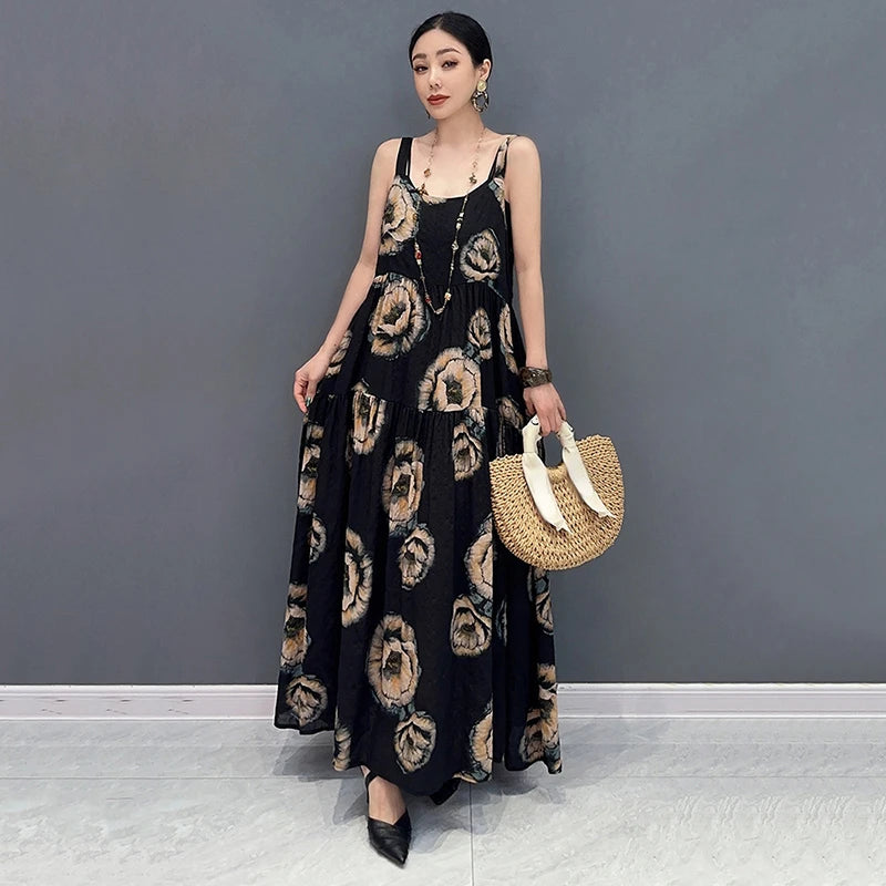 XITAO Spaghetti Strap Print Pullover Dress Loose Patchwork Folds Fashion Temperament All Match Summer New All Match GJ1063