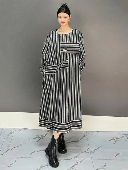 XITAO Striped Contrast Color Patchwork O-neck Dresses Long Sleeve Pullover Loose Slimming Fashion Casual 2024 Autumn GYX1004