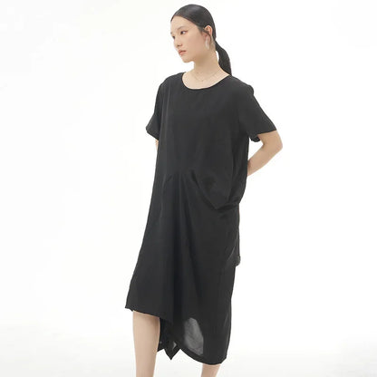 XITAO Asymmetrical Folds Splicing Dress Solid Color Temperament Simplicity O-neck Collar Casual Loose New WMD5417