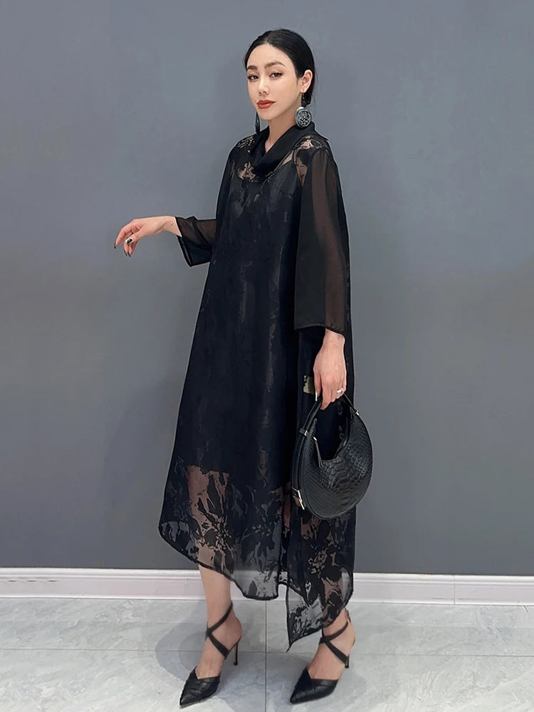 XITAO Sheer Jacquard Loose Dress Solid Color Pullover Side Split Patchwork Elegant Summer Fashion Women New Dress LYD1803