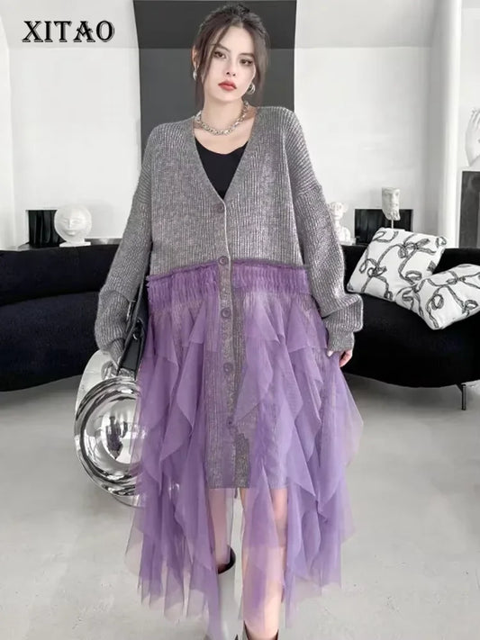 XITAO V-neck Patchwork Gauze Knitting Dress Irregular Single Breasted Loose Casual All-match Long Sleeve Women Dress DMJ3562